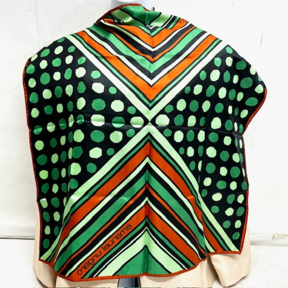 (2) Emanuel Ungaro Paris Scarfs 100% Silk 27" Green stripe Blue Orange Dot (27 - Picture 11 of 16